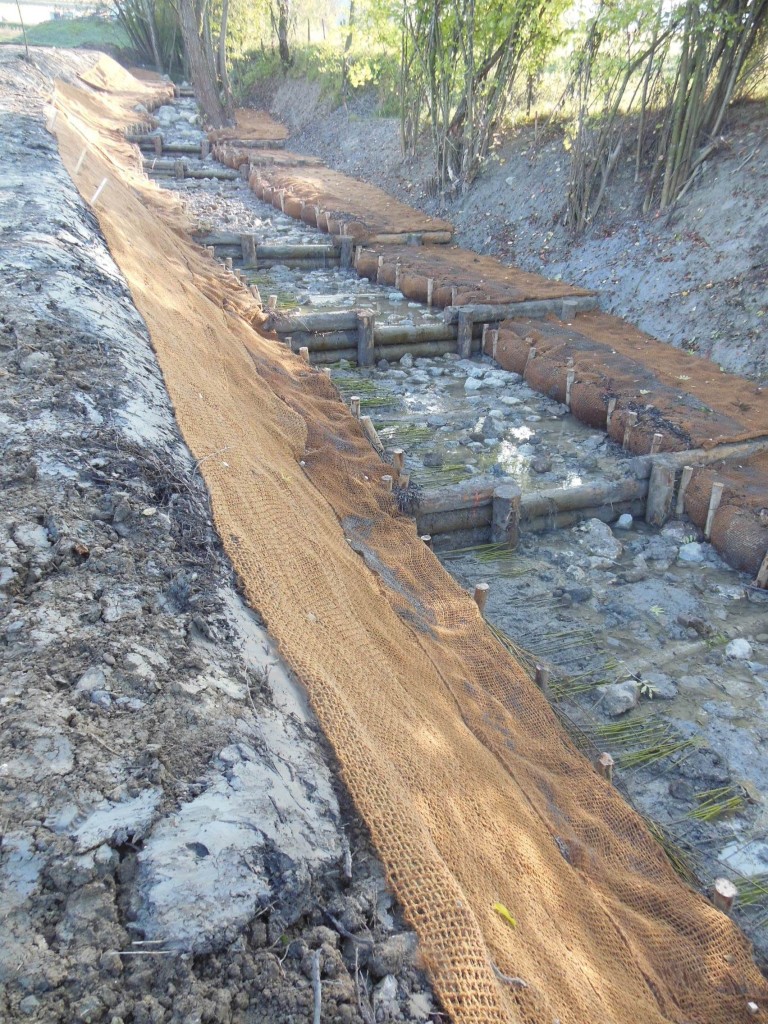 élargissement du cours d’eau pour limiter les débits et seuils bois pour stabiliser le fond de lit