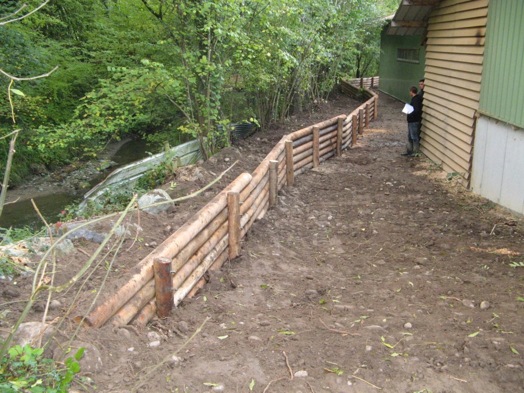 après travaux, digue en rondins de bois